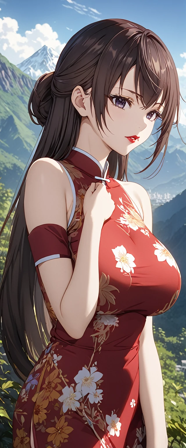 Detailed analysis, Detailed work, Best quality, 1440p clarity, Realistic light and shadow, anime, background, Mountain peak, From the series Alya sometimes hides her feelings in Russian., Suou Yuki, Long brown hair, Purple eyes, Black eyes, ตาแบบanime, Very big breasts, Wearing a red floral cheongsam, Red lips, Wearing gold hair accessories