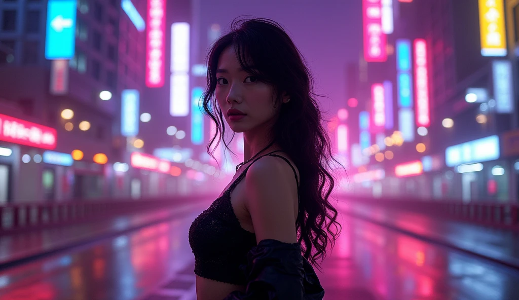 Girl wearing transparent bra in City lights neon pink