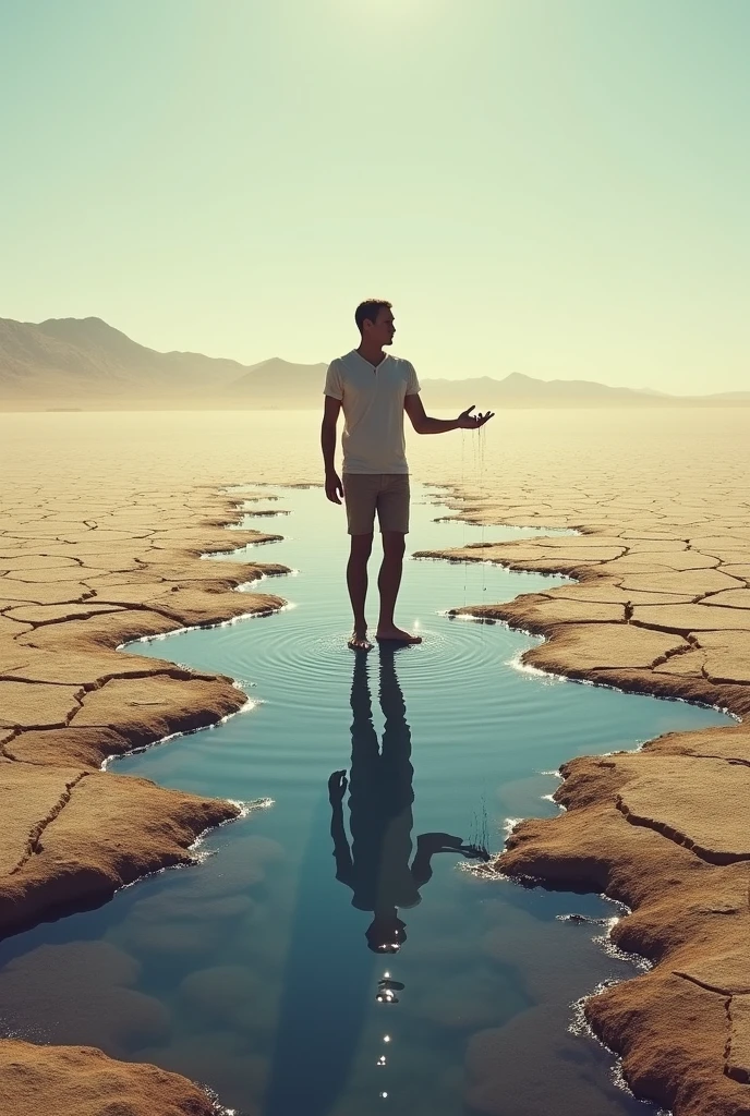 The image is a photograph of a person standing in the middle of a tunnel-like structure. The water droplets tunnel appears to be a person is standing on the edge of the tunnel, with their arms stretched out to the sides. The background is a beautiful orange and yellow sunset, with the sun setting in the distance. The sky is a deep blue, and the water is reflecting the colors of the sky. The overall mood of the image is peaceful and serene.