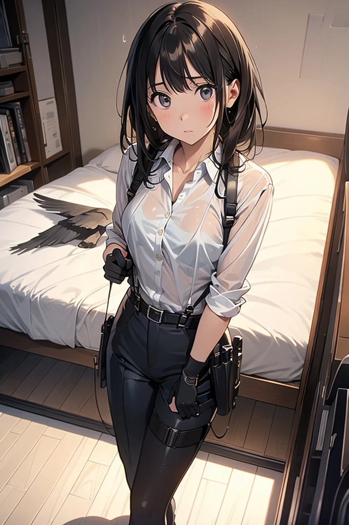 (absurdres, 8k, 4k, masterpiece, hyper extreme detailed:1.2), solo, 1girl, front view, portrait, best quality, expressive eyes, perfect face, 1girl, portrait, solo, standing, Female, toned body, mature female, small breasts, pale, hair covering one eye, dark brown hair, long hair, eyepatch, sarcastic, snarky, soldier, adult, hazel eyes, delinquent, sarcastic, white jacket tied around waist, graphic tank top, crazy eyes, messy hair, swept bangs, midriff, hand on head, hand on shoulder, exposed collarbone, exposed left shoulder, bound, bondage, (arms behind back:1.4), bdsm, tape gag, tape, tape bondage, close-up, restrained, best anatomy, full body, tape wrapped, wrap gag, bondage, sitting down, stuffed into box, upside down, flowing hair, angry, upset,