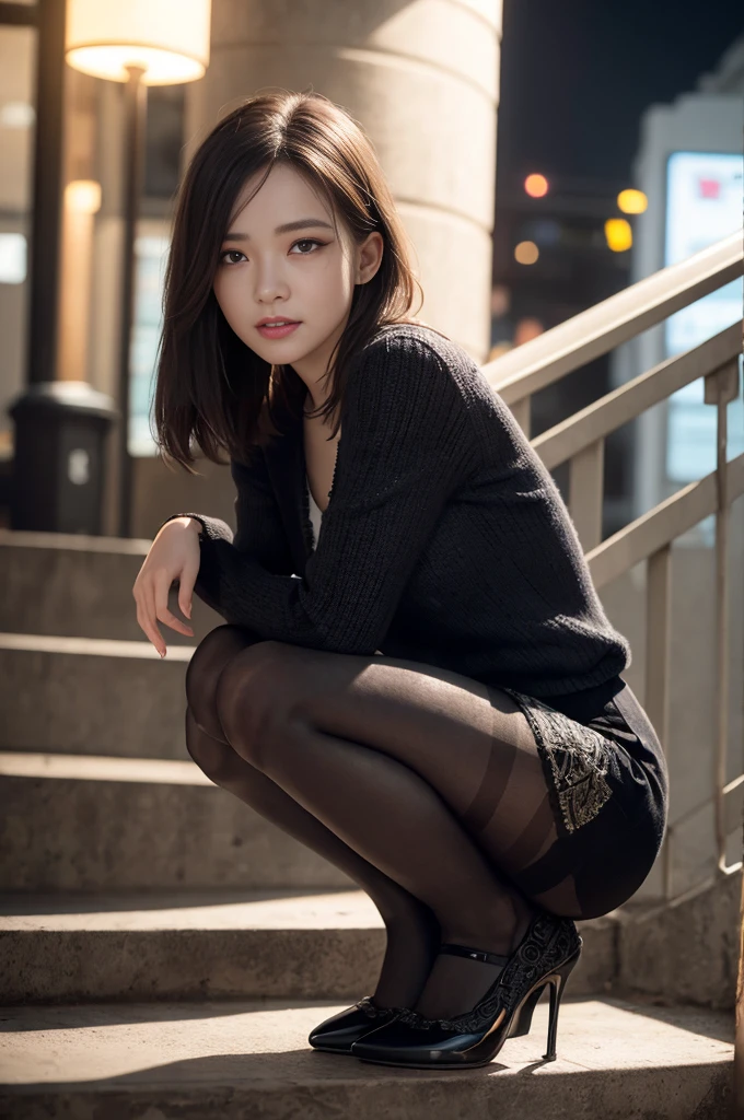 最high quality, 1 Female, alone, 24-years-old, 7 heads, ((Light beige pantyhose:1.3)), (Cute Face), (Ideal body proportions), convenience store, , (((squat,Leg spread))), ((Ultra mini skirt)), (Panty Focus), Wet, Clothes are see-through, A cheerful smile, length , White skin, , Slender, Black Hair, Long Hair, Beautiful feet, Small Ass, Thin legs, Surrealism, Cinema Lighting, Depth of written boundary, First Person View, debt/1.8, 135mm, んdebtdebt, Tabletop, Accurate, Anatomically correct, Textured skin, Super detailed, Attention to detail, high quality, Awards, 最high quality, High resolution, 8k