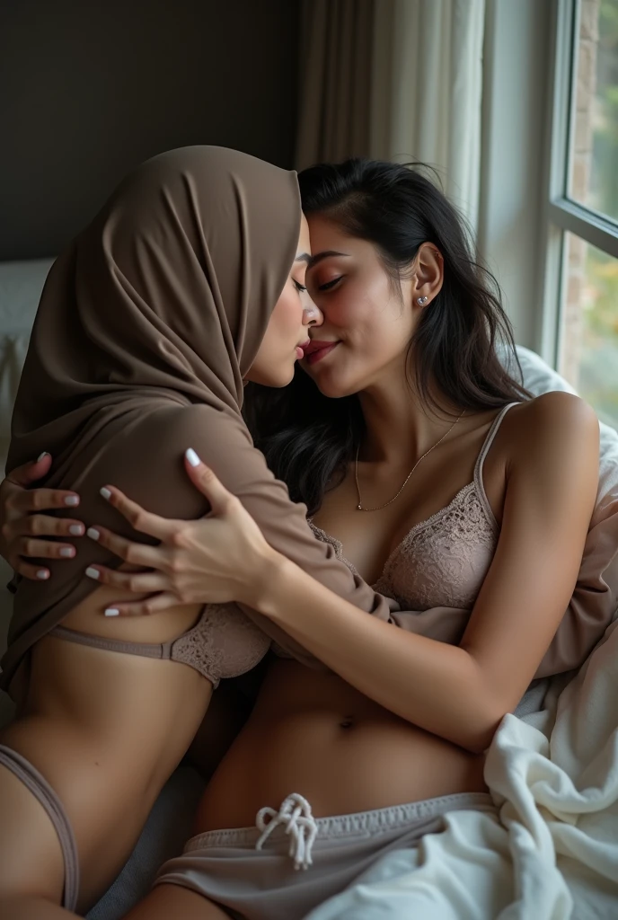 two beautiful hijab indonesian lesbian girl laying down,wearing bra and panties,hugging,french kiss,daytime,view from high angle