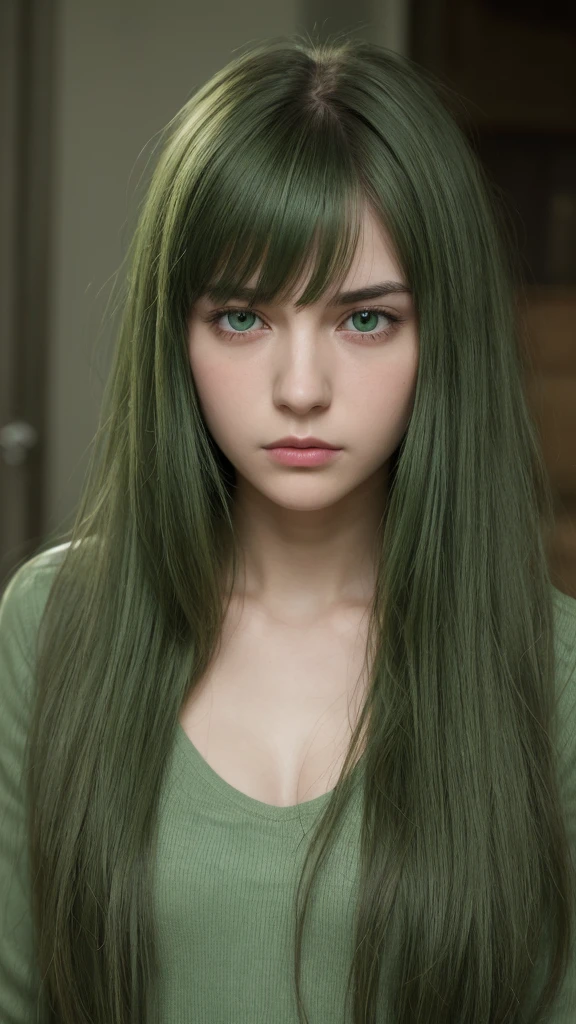 a girl. face sent feeling. Europe. Oval face. long face. delicate facial features. sad eyes. seductively seductive. green eyes. long straight hair. green hair. expression of sadness and anger