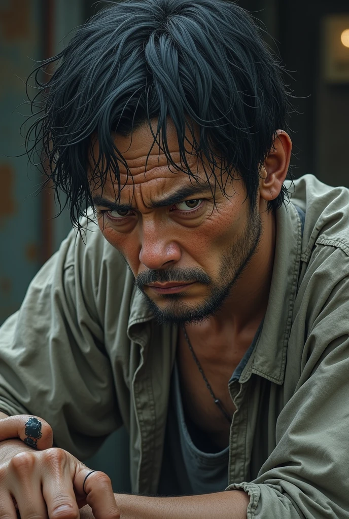 A poignant, realistic photograph of a factory worker, portraying a strong sense of despair. The man, wearing dirty and worn working clothes, has his hands around his neck as if he were about to jump. His gaze is intense and filled with sadness. The backdrop is a dark, grayish hue, which accentuates the somber mood and feelings of hardship and struggle., photo
