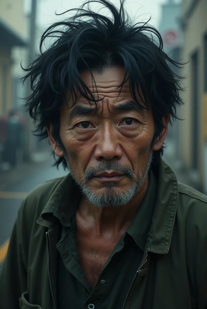 Japanese、A man in his 50s wearing dirty clothes、Painful face、Your clothes are torn