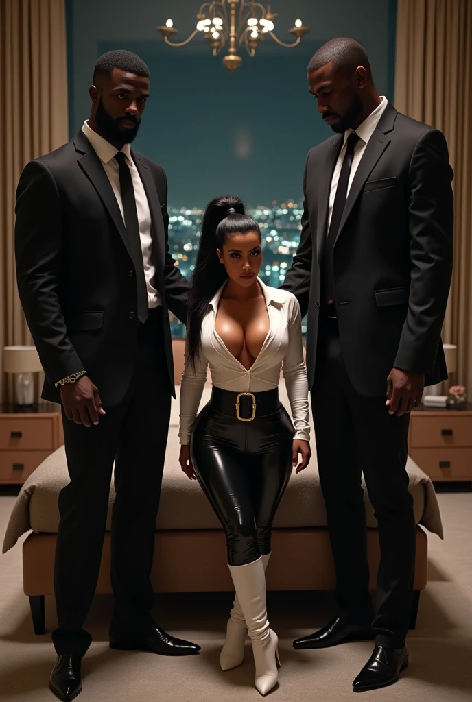 (Best Quality,Unparalleled Masterpiece:1.4) one tall single muscular black man, four women with beautiful highly detailed faces are wearing white turtleneck-shirts and white yoga-pants (the four women express desire) (the four women surround and worship the tall singular black man, the beautiful women are touching the tall singular black man, snuggling thetall singular black man,  perfectly detailed face, anatomically perfect nose, anatomically perfect eyes, anatomically perfect hands.