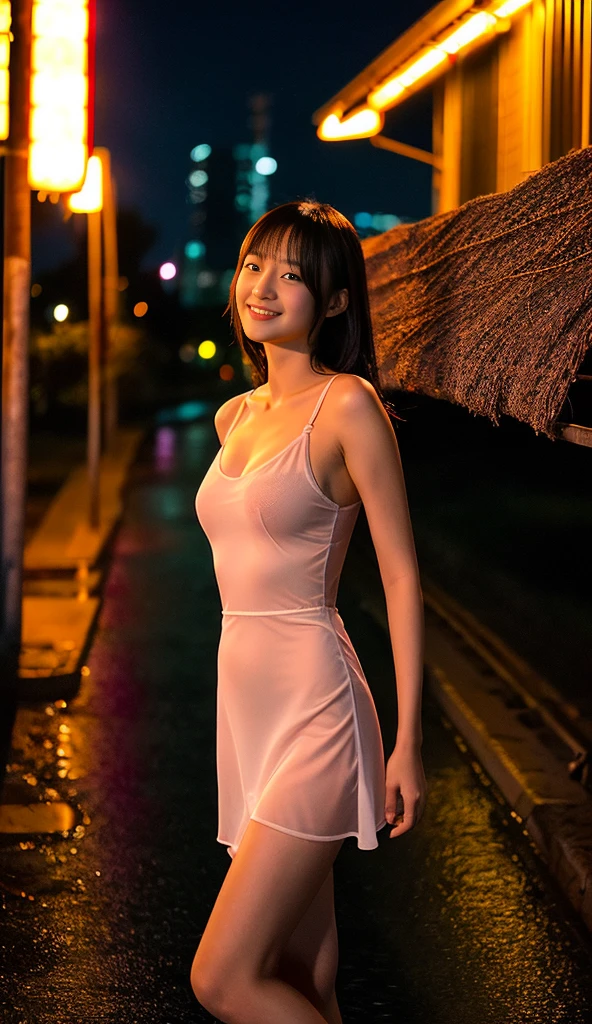 （（（（No bra））））、（（（（No panties））））、An 1 girl walks on a sunset beach wearing a wet, ultra-thin, see-through white camisole dress., Wind（（（（（（（All Nude）））））））((Reality)), s lips, Detailed background, 1girl in, Squatting in a dark alley、A strong red light shines on my face、1 slim Japanese gravure idol、Natural Breast,, (plaid skirts), small 、Slimed、A slender、Long straight light brown hair, (soft smiling), Look at viewers,