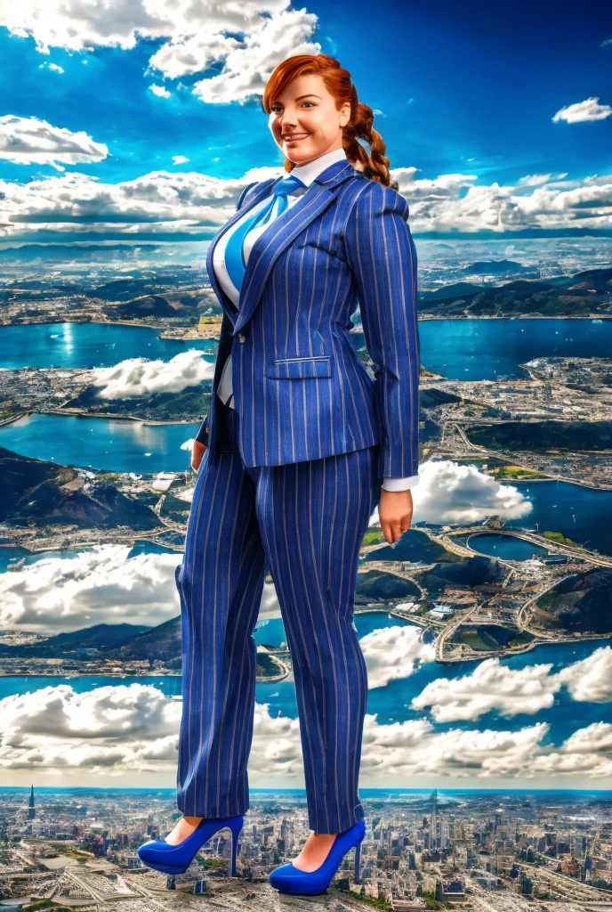 Giantess art, tera giantess in distance walking on countries, young women with beautiful curves, massive thighs, ginger hair, lipstick, wearing a perfect form-fitting loght grey pinstripe trouser suit and blazer, crisp white shirt with large spread collar, large blade width Windsor knot blue tie, with massive breasts. She is wearing platform high heels and standing on a miniature city, with skyscrapers at her feet, smiling with her huge breasts. This image is highly detailed, photorealistic, best quality, a masterpiece, with cinematic lighting, ultra-detailed, long ponytail hair with front bangs, high altitude photography, satellite view, a curvy figure, heaving bosom, legs, a stepping on mulitple mega city,, destruction, buildings, roads, a cloudy, overcast, hazy atmosphere, and wispy clouds.