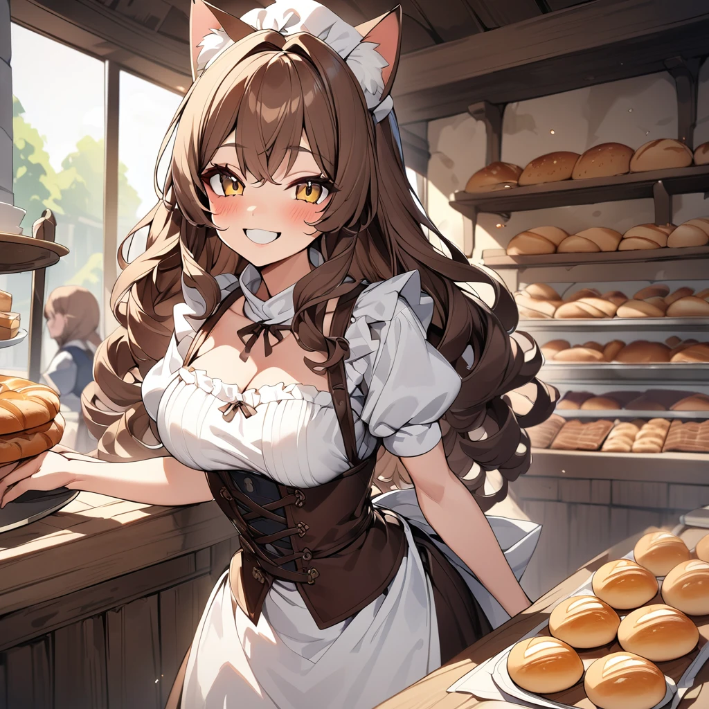 a cat eared girl, baker, bakery, beautiful, long wavy hair, brown hair, apron, medieval corset dress, at the medieval bakery, smiling, high detailed, high quality, 4k quality,