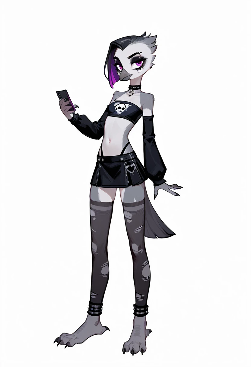 Score_9, score_8_up, score_7_up, flat colors,  an Anthro avian crow goth-girl, female, small grey beak, skinny and slender, small crow tail, grey body, standing, white background, purple eyes, short black emo hair, hands with five fingers, wearing skimpy goth tubetop, detached sleeves, ripped nylon stockings, choker, skimpy black mini-skirt, full body shot, goth makeup, sexy bird feet with three toes, looking at phone