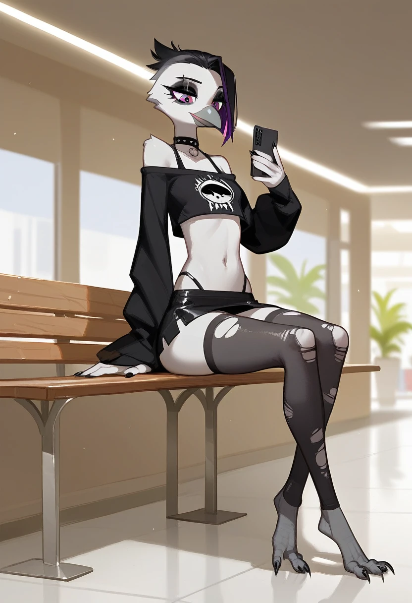 Score_9, score_8_up, score_7_up, flat colors,  an Anthro avian crow goth-girl, female, small grey beak, skinny and slender, small crow tail, grey body, sitting on bench,mall background, purple eyes, short black emo hair, hands with five fingers, wearing skimpy goth tubetop, detached black sleeves, ripped nylon stockings, choker, skimpy black mini-skirt, full body shot, goth makeup, sexy bird feet with three toes, looking down at phone, glimpse of black micro-thong, cameltoe,  kees pulled up, bird feet resting on bench