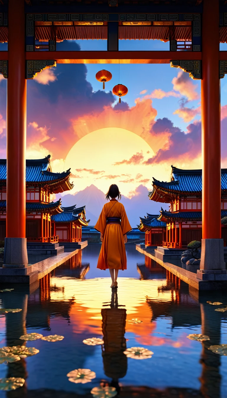 A girl floating in the air, surrounded by east asian architecture, under a sunrise sky with clouds and rain, full body view in a wide landscape shot, realistic, photorealistic, 8k, masterpiece, ultra-detailed, physically-based rendering, vivid colors, dramatic lighting, bokeh