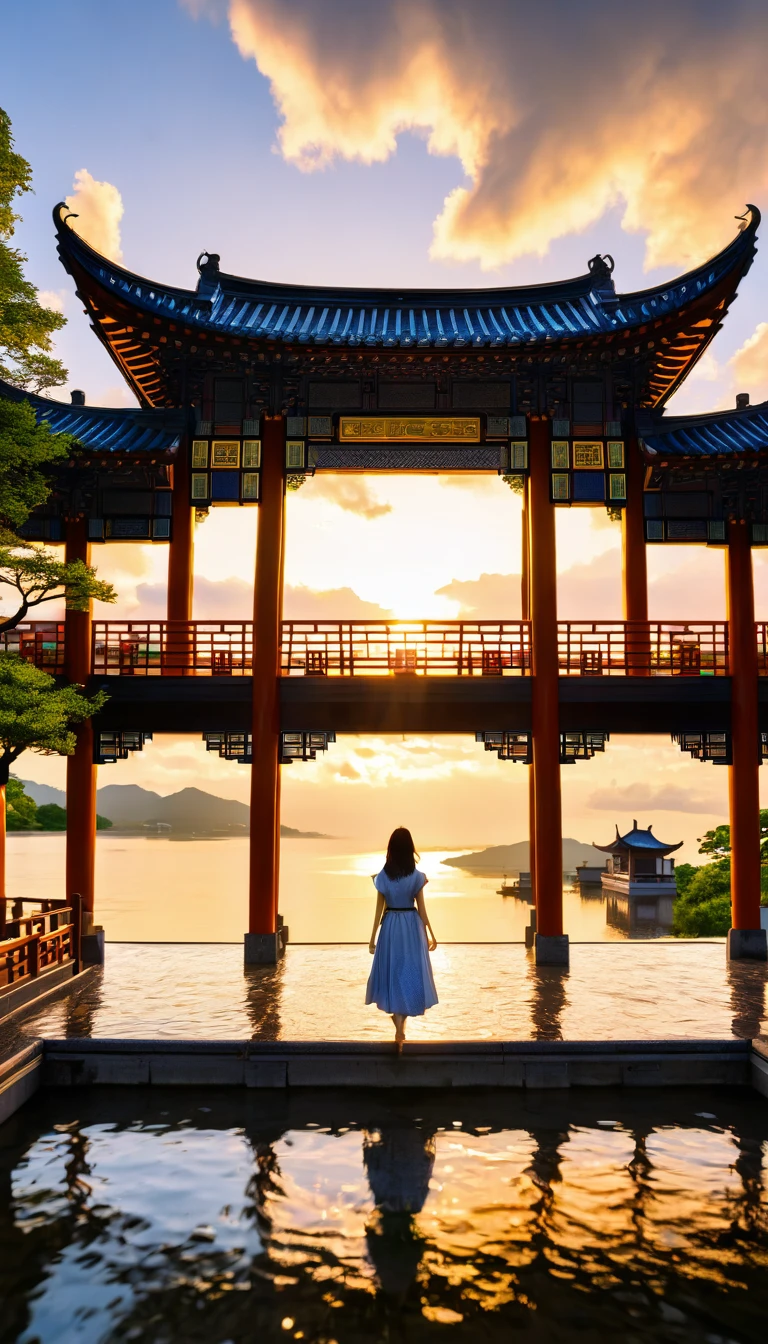 SFW, 1girl, solo focus, pov, very wide shot, landscape, east asian architecture, sunlight, sunrise, floating, cloud, sky, rain, water, full body, outdoors, scenery, depth of field