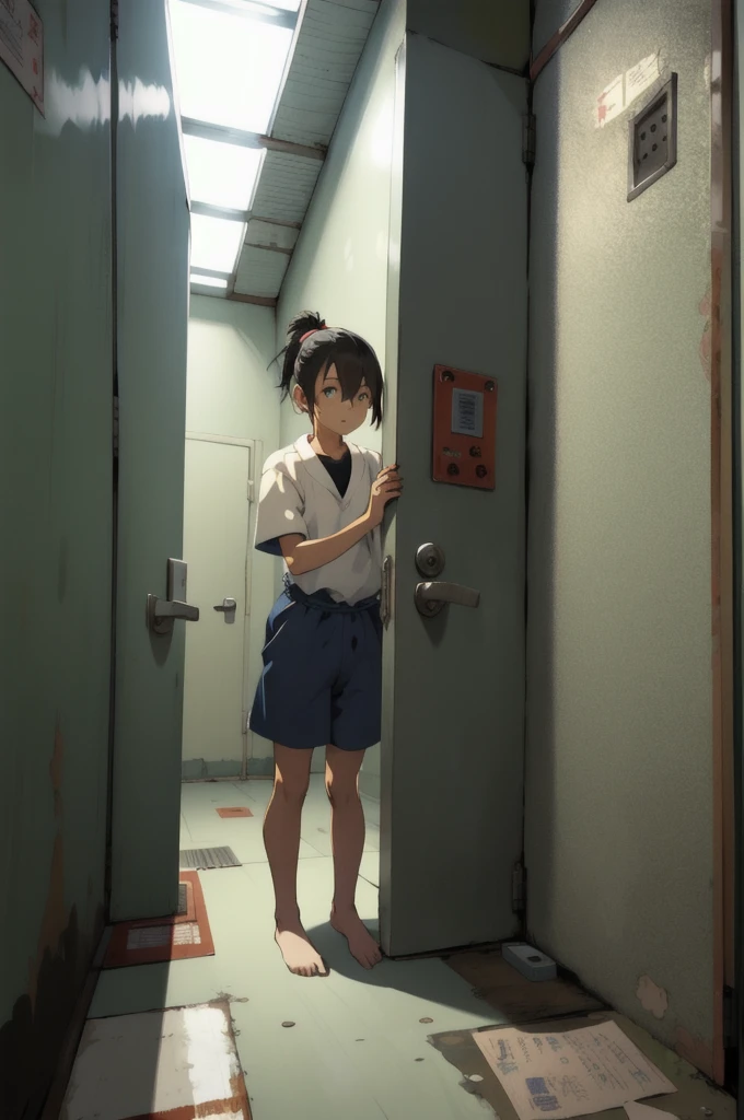 Naked crying female student being bullied at school、Seen by a lot of people、Both arms are restrained by men