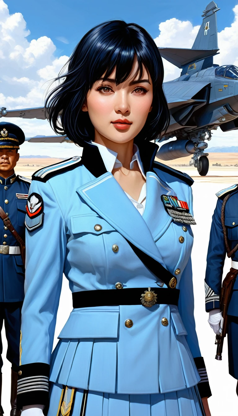 (highest resolution, distinct_image), best quality, masterpiece, highly detailed, semi realistic, a woman with black shoulder length hair, black pupils, mature, mature woman, imperial sister, sexy, short hair, triple bangs, light blue uniform, light blue uniform jacket, soldier, light blue pleated skirt, military uniform, fighter front, future, science fiction, universe