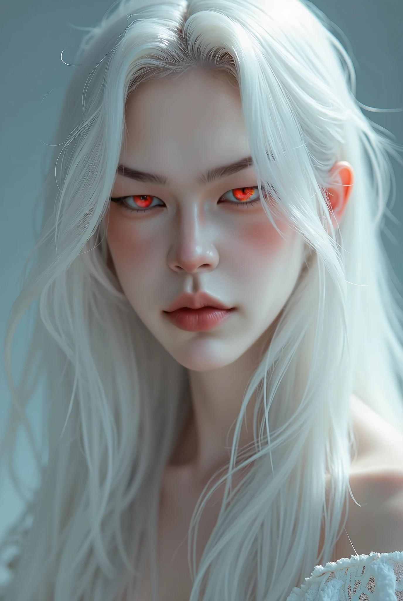 (masterpiece, best quality, 4k, hyperrealistic, dreamlike, Dark Souls:1.35), (pale translucent albino ageless immortal weak lithe slender beautiful androgynous male parasitic impotent god with (beautiful eyes) claws (sharp teeth) (long hair) (flat chest) (male crotch bulge) (soft belly) (weak stomach):1.5)