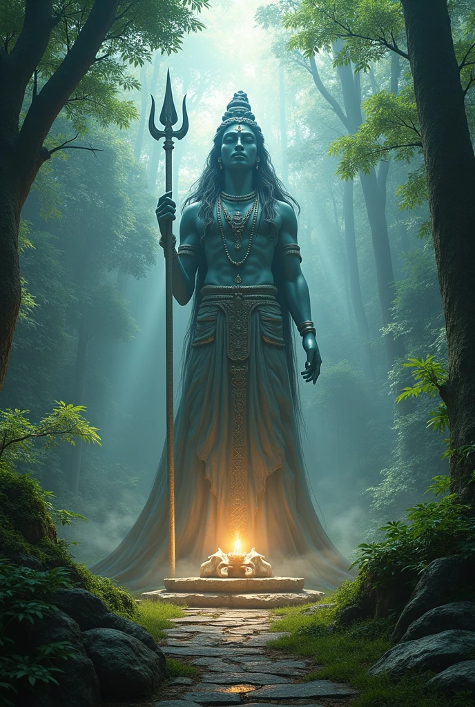 Ancient Hindu god with a beautiful lady, standing in the woods, near a hut and mountain, realistic, 4k, clear eyes, clear face
