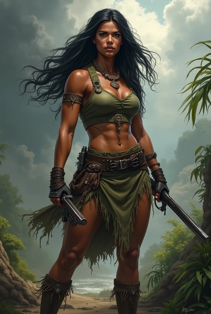 Female barbarian savage, tribal bikini, quarterstaff, outdoor subtropical environment, dynamic battle pose