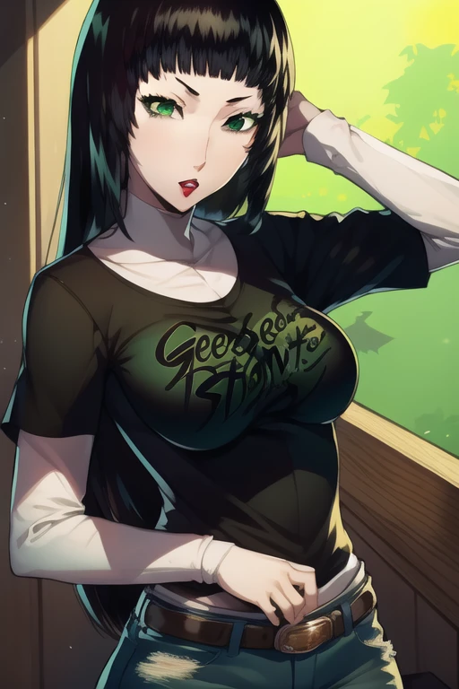 hifumitougou, hifumi tougou, (green eyes:1.5), black hair, long hair, bangs, blunt bangs, 1girl, solo, standing, black t-shirt, white shirt, blue jeans, belt, lipstick, large breasts