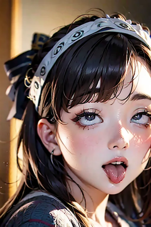 stick out tongue,detailed eyes,high-definition image, (((round face))), eyes realistic sizing, realistic skin, drooping eyes, smiling, ((various patterned feminine casual long dress)), (strong sunlight, old fashion), skyscrapers, hair up, ahegao:1.5,roll one's eyes back、(touque out)