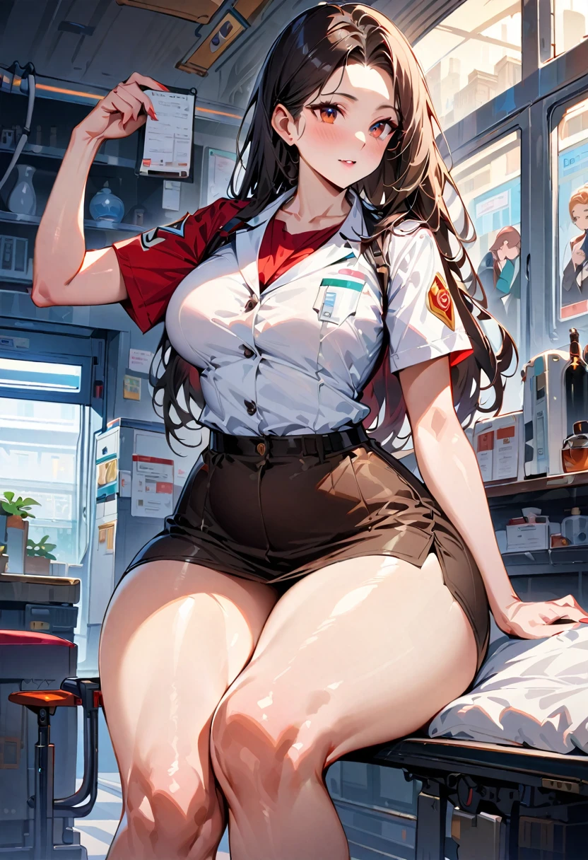 Young beautiful woman,(Best Quality,Extremely detailed depiction,Incredibly absurd high definition,Anatomically accurate,Curvy Legs,Shiny skin,Porcelain-like skin),(Female doctor:1.3),(White:1.3,Medical Officer&#39;s Uniform),eyelash,(Purple Eyes,Crazy Eyes,Half-closed eyes:1.5,Large Breasts,Wicked Smile,Glossy lips,Sitting,Seductive gestures),whole body,(background:Examination room),Medicines,