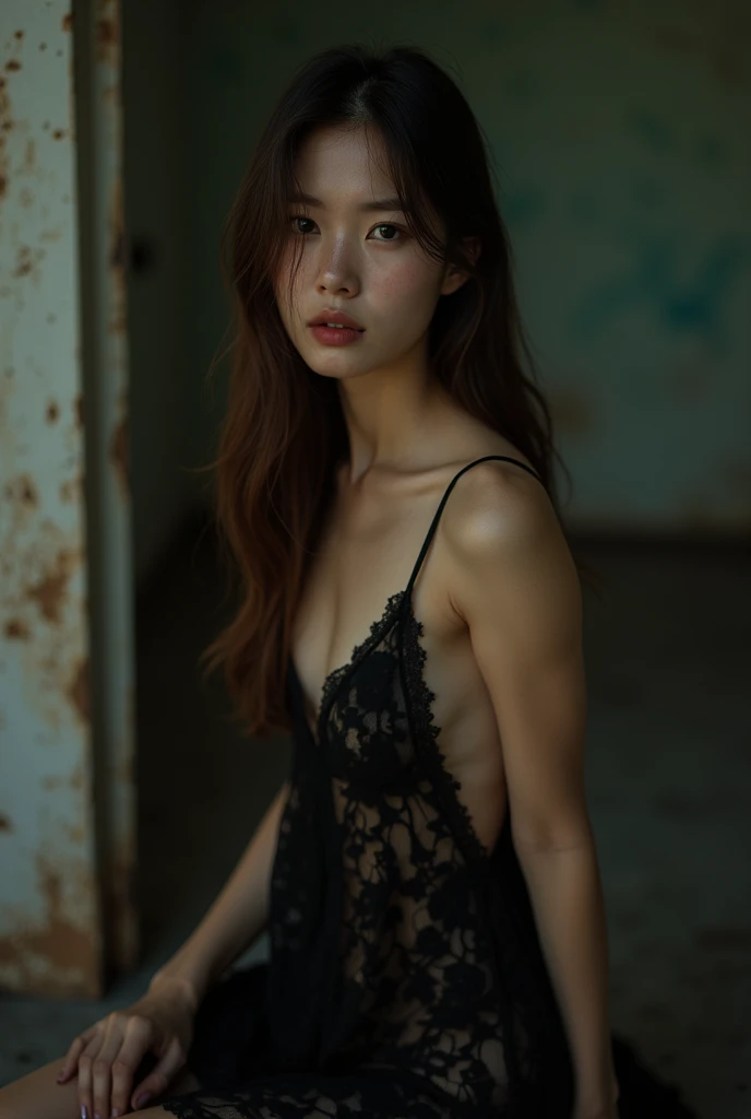 Abandoned ruins sexy standing pose,full-body portraits(1:1),18 years old girls,Slender and slender figure,Skinny,As thin as a whipping post,Smaller bust,The barefoot,Random nudity all over the body,exhibitionists,Random exposure of genitals,face to the viewer