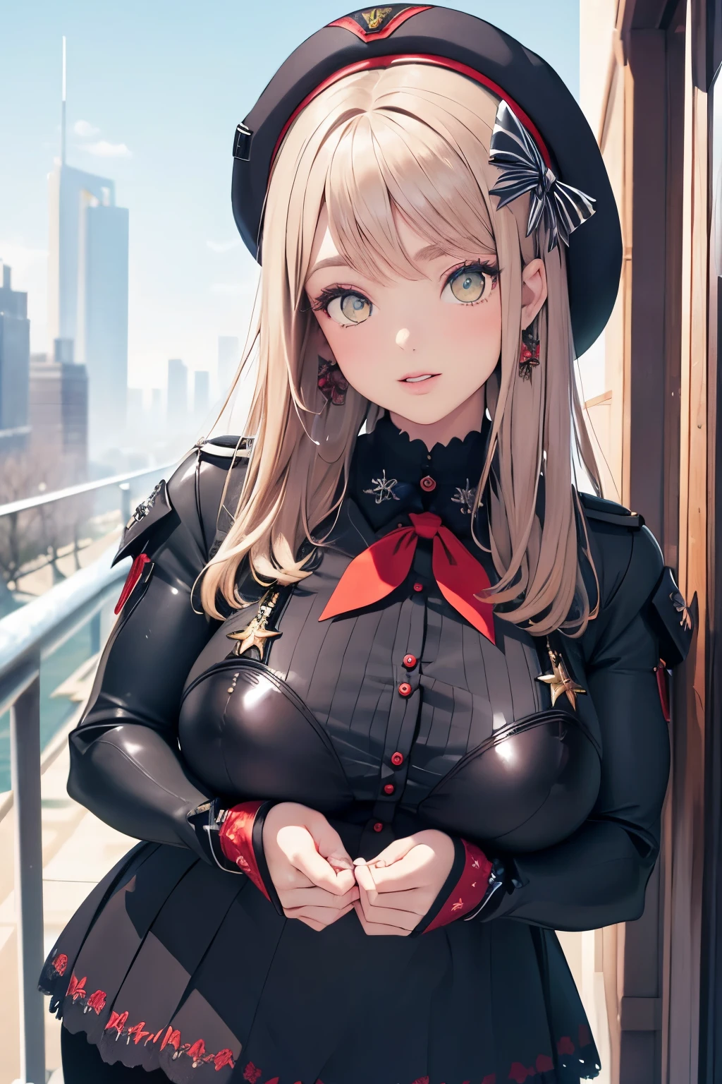 (paysage ville), (finely detailed eyes and detailed face:1.3), (extremely fine and beautiful:1.1), (Perfect details:1.1), nikke, emmadef, beret, bow, skirt, jacket, pantyhose, black shirt emmawinter, white thighhighs