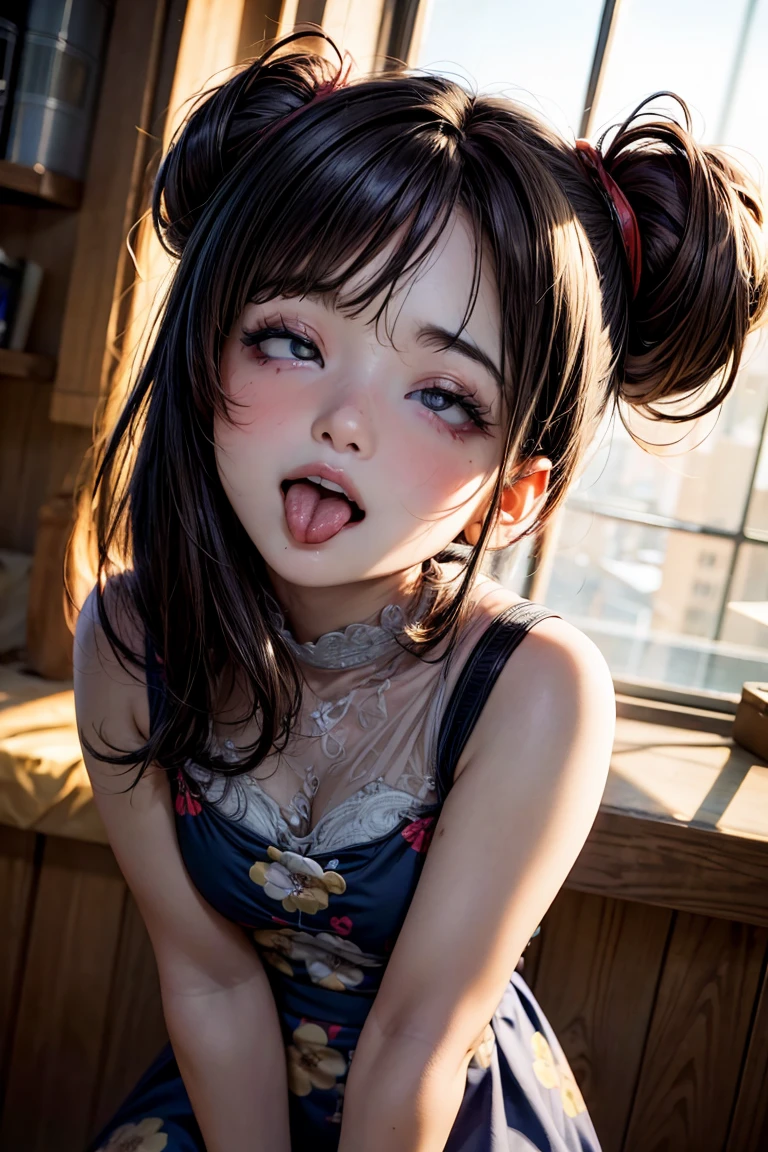 stick out tongue,detailed eyes,high-definition image, (((round face))), eyes realistic sizing, realistic skin, drooping eyes, smiling, ((various patterned feminine casual long dress)), (strong sunlight, old fashion), skyscrapers, hair up, ahegao:1.5,roll one's eyes back、(touque out),backlighting, masterpiece, ultra detailed, best quality, ultra realistic,