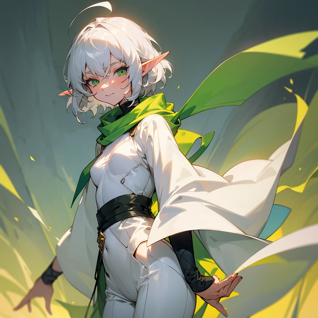 elf, female, silver hair,short hair, medium cut, ahoge, curly hair, green eyes,slender, (best quality, masterpiece, 16k, ultra detailed, beautiful skin, professional lighting)
A girl, small breasts, fair skin, cool mild Smile, white coat, pants, green scarf,  annoyance