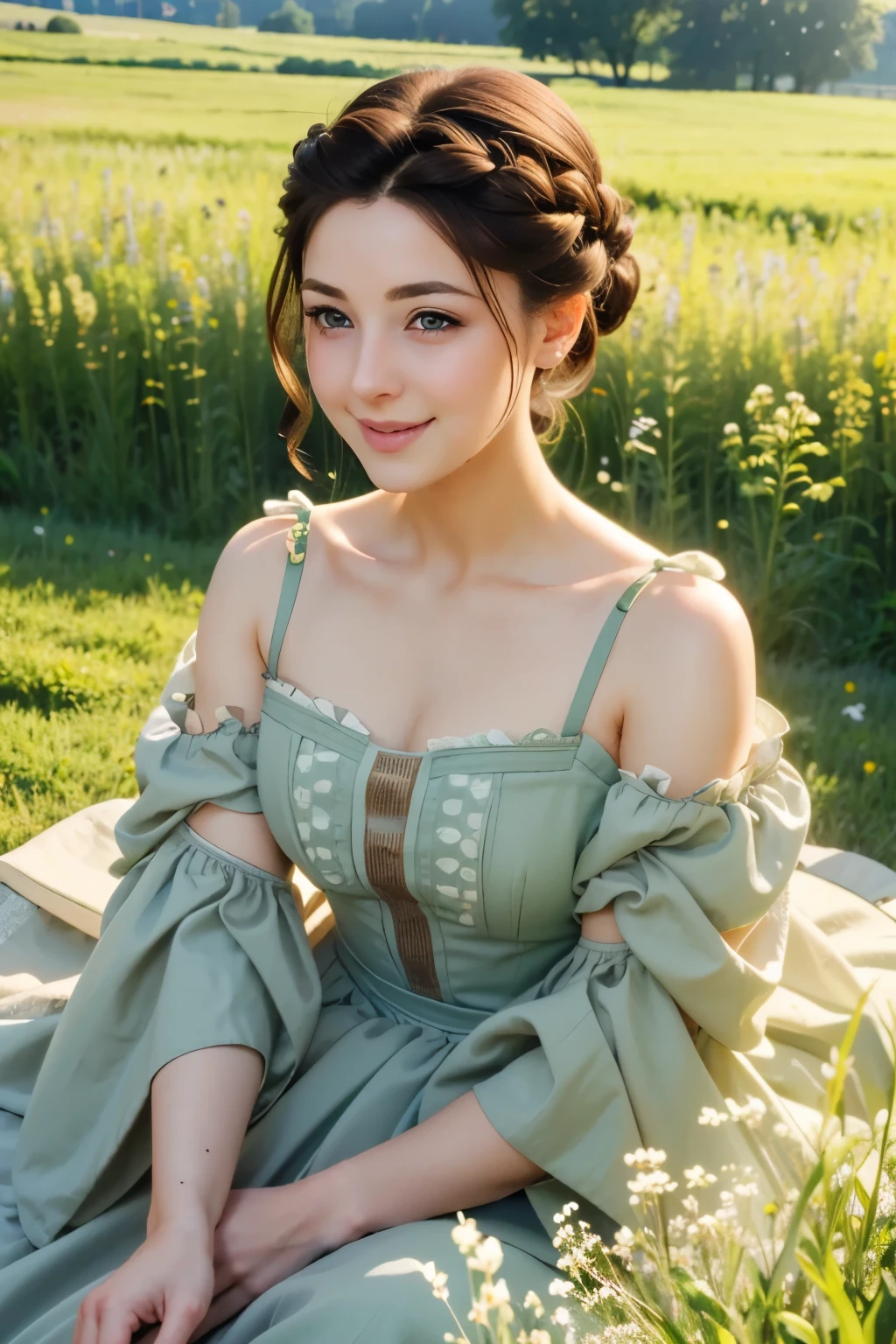 ((masterpiece, best quality))
 Asa Ebi, 1 woman, alone, brown hair, green eyes, hair updo, in a wildflower field, wearing a flowing dress, smiling