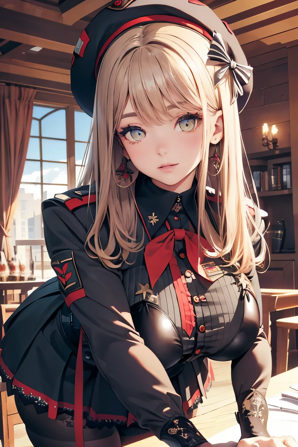 (paysage ville), (finely detailed eyes and detailed face:1.3), (extremely fine and beautiful:1.1), (Perfect details:1.1), nikke, emmadef, beret, bow, skirt, jacket, pantyhose, black shirt emmawinter, white thighhighs