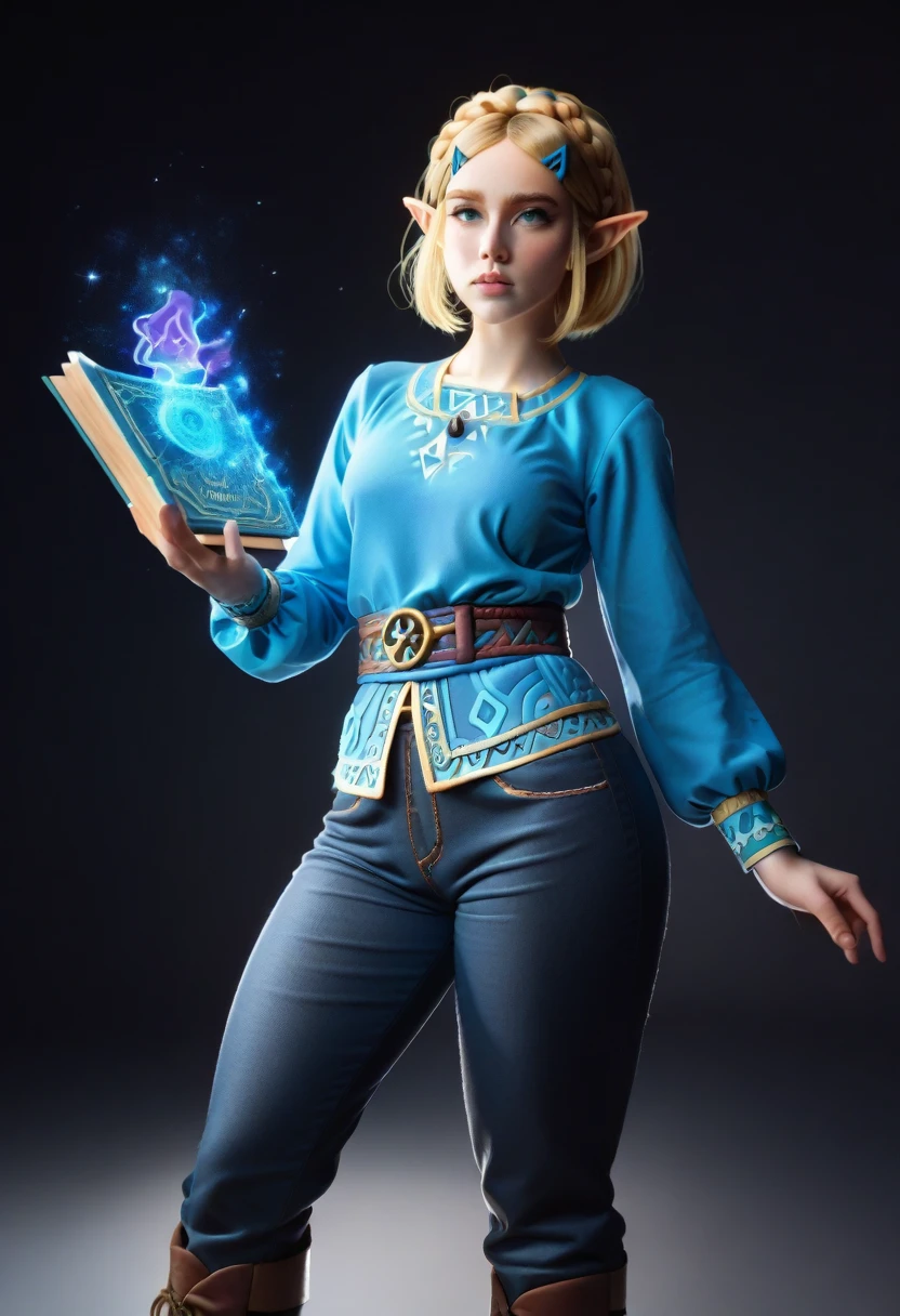 princess zelda, 1 girl, artist request, belt, blonde hair, blue shirt, a book, boots, inexpressive, full body, green eyes, High resolution, looks at the viewer, magic, Nintendo, trousers, pointed ears, shirt, short hair, simple background, One, the legend of zelda, the legend of zelda: breath of the wild, the legend of zelda: Tears of the Kingdom, flower of light, magic