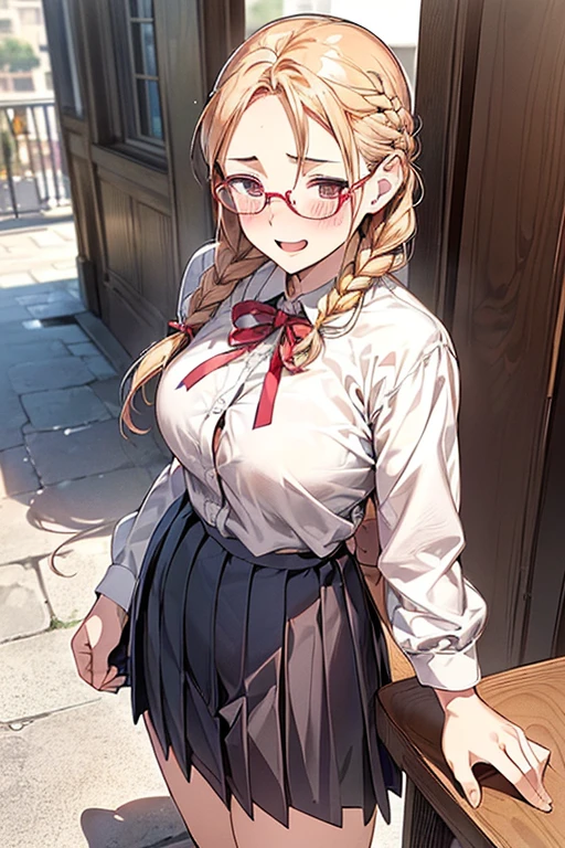 masterpiece, best quality, <lora:EPfeJade-06:0.7>, EPfeJade, blonde hair, very long hair, large breasts, ponytail, collage, town, suburbs, dusk, index finger raised, shirt, bare shoulders, plaid_skirt, tinted eyewear, frills, distracted, aloof, oblivious