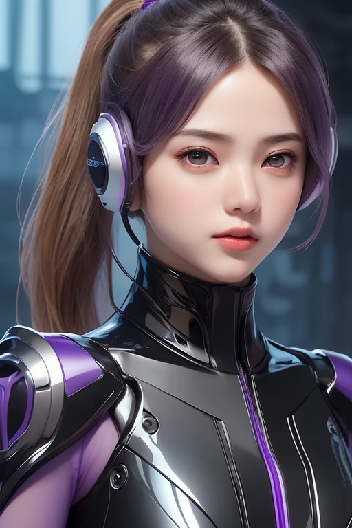 appearence a 13 years old teenage girl,violet eyes,calm,quiet,cute,pretty,full body,looking ahead,short hair combed back,red outfit,black short,long tied hair,spider verse suit,serious look,cyberpunk background 