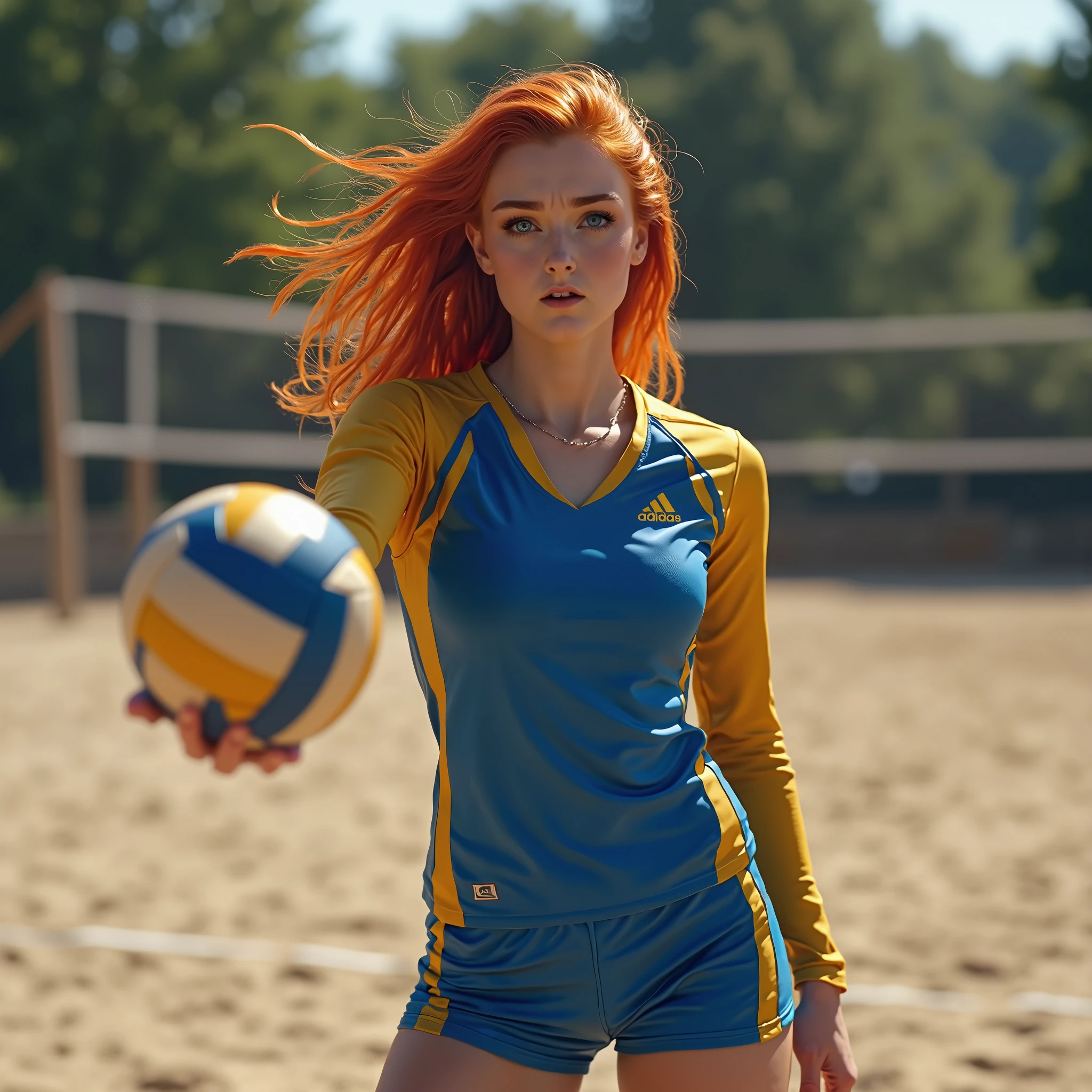 Raw image, two seductor teenagers, twins, redhead, blue eye, modern hairstyle, bored, tight clothes, imperfect skin, photorealistic, playing beach voley in front of me, focus on groint