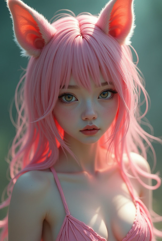 A girl who has pink layered hair with fox ears and her clothes are none shes naked and her face moaning with white skin