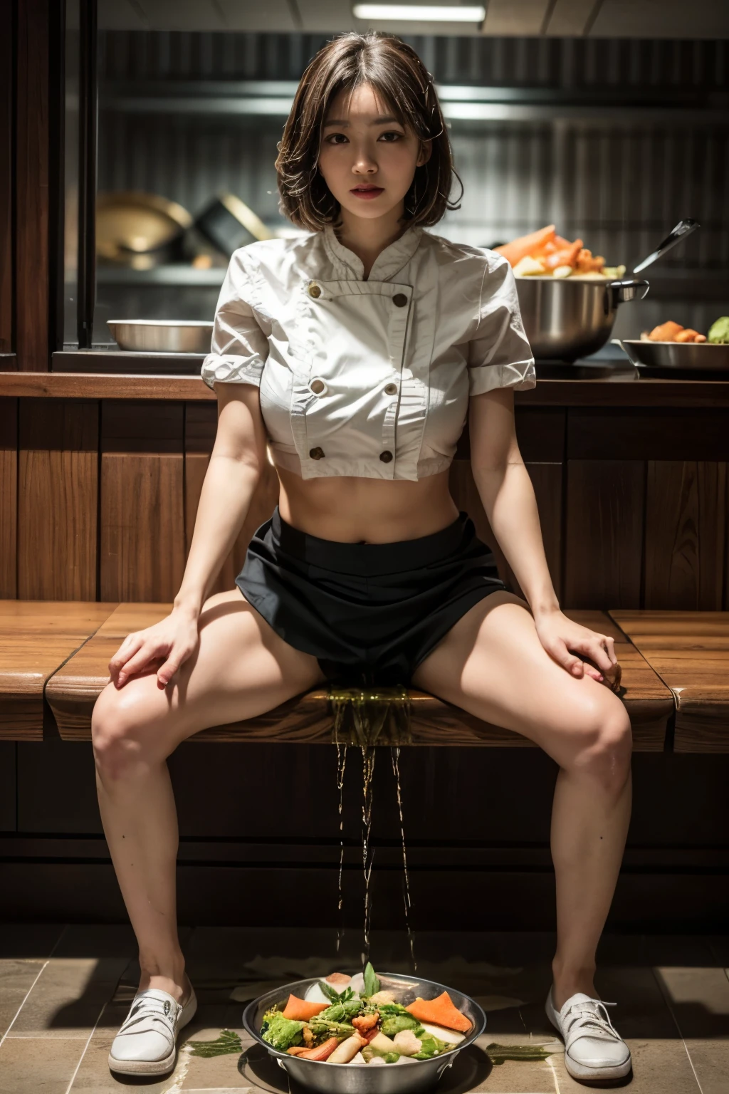 (realistic, photo-realistic, best quality, masterpiece), intricate details, extremely detailed, (frontal photography, facing viewer), solo, a Japanese mature, (half-squat with legs spread wide:1.5), (wearing a waitress uniform, pamps:1.3), (huge breasts), dark hair, short bob hair, pale skin, detailed face, detailed eyes, sophisticated nose, (peeing self, urinate a lot while straddling a cooking dish filled with foods, urination:1.5), (pee puddle, pee stain, ashamed:1.2),, photo background, indoors, luxury restaurant hall, (crowd in background:1.2),