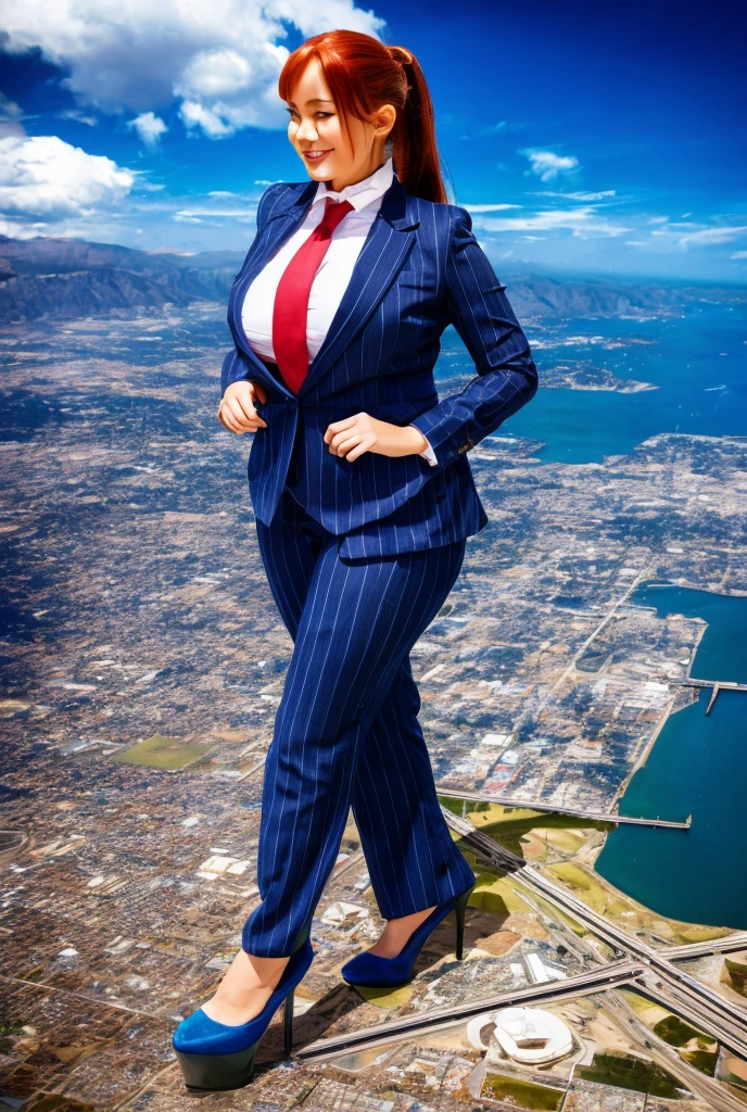 Giantess art, tera giantess in distance walking on countries, young women with beautiful curves, massive thighs, ginger hair, lipstick, wearing a perfect form-fitting loght grey pinstripe trouser suit and blazer, crisp white shirt with large spread collar, large blade width Windsor knot blue tie, with massive breasts. She is wearing platform high heels and standing on a miniature city, with skyscrapers at her feet, smiling with her huge breasts. This image is highly detailed, photorealistic, best quality, a masterpiece, with cinematic lighting, ultra-detailed, long ponytail hair with front bangs, high altitude photography, satellite view, a curvy figure, heaving bosom, legs, a stepping on mulitple mega city,, destruction, buildings, roads, a cloudy, overcast, hazy atmosphere, and wispy clouds. Pov