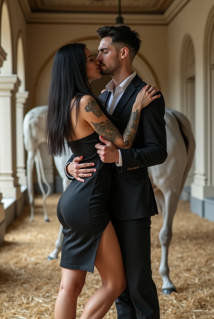 Classy sweaty eyes closed open lips,betty page looking girl with blue eyes and a completly long sheer black chiffon evening dress and long black soft gloves on lyin the floor of a grand hotel kissing a man in the mouth , exploding moment of sexual desire, touching breast,the photo is taken from up front
