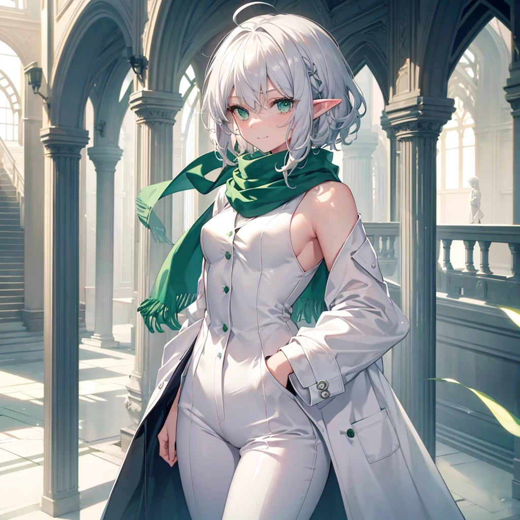 elf, female, silver hair,short hair, medium cut, ahoge, curly hair, green eyes,slender, (best quality, masterpiece, 16k, ultra detailed, beautiful skin, professional lighting)
A girl, small breasts, fair skin, cool mild Smile, shirt, white coat, pants, green scarf,  annoyance