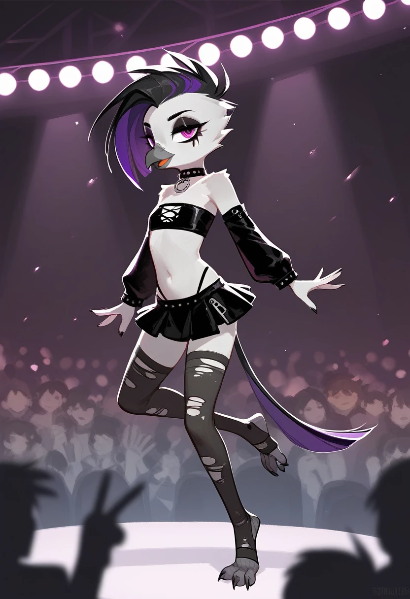 Score_9, score_8_up, score_7_up, flat colors,  an Anthro avian crow goth-girl, female, small grey beak, skinny and slender, small crow tail, grey body, slutty dance in nightclub, purple eyes, short black emo hair, hands with five fingers, wearing skimpy goth tubetop, detached sleeves, ripped nylon stockings, choker, skimpy black mini-skirt, full body shot, goth makeup, sexy bird feet with three toes, seductive pose, out-of-focus dancing crowd in the background