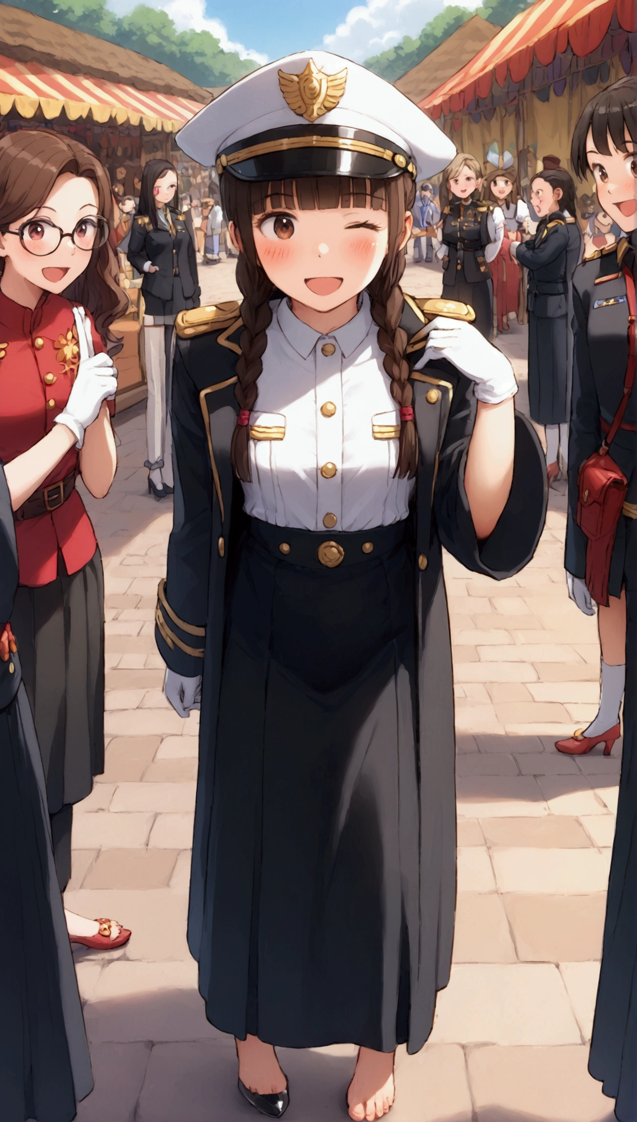 No, adult, modest attire, (reference to the uniform of a World War II Nazi German general. : 1.8),Commander's Hat,White Coat,Long Black Skirt,((Pia Hairstyle,Smooth Front Hair)),(Standing at Navy Port),Government Agency,Deep Intelligence,Discreet Facial Expression,Respectful Face,Warship,( Dark Green Eyes,Small,Black Hair,Smooth Poll Hairstyles,Double Braided Hairstyles,Top Fine Eyes,Straight Bob Pony Hairstyle,Red Glasses,Dark Green Eyes),Authoritarian Society,Long Distance,Beautiful Delicate Face with Detail, Beautiful Delicate Eyes with Detail, Perfect Face Proportion, High Fine Skin, Fine Skin, Best Four Finger to One Thumb Ratio,Masterpiece, High Detail, Realistic