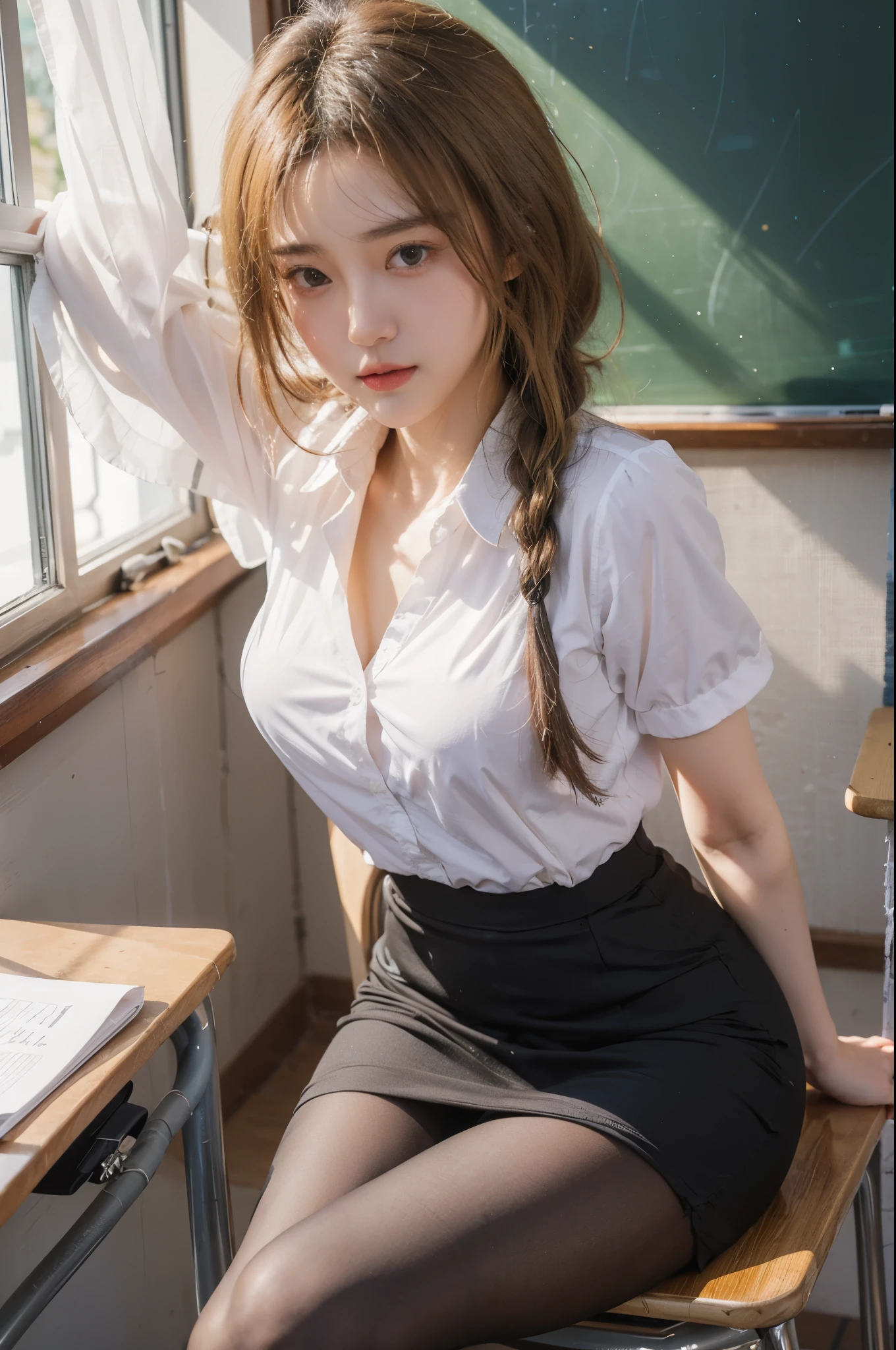 ((of the highest quality, 8K, masutepiece: 1.3, Raw photo)), Sharp Focus: 1.2, (1 AESPA Girl :1.1), Solo, (Realistic, Photorealistic: 1.37), (Face Focus: 1.1), Cute face, hyperdetailed face, short messy hair, Small Smile, small breasts, flat chest, (chiffon shirt, chiffon panties: 1.2), skirtlift, classroom, books, thigh