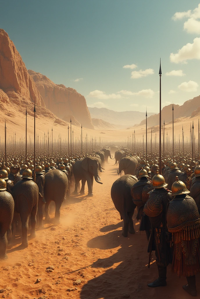 Hannibal the ancient Carthaginian general in full armor walking in a desert, an army marching in the distance, fields burning, smoke