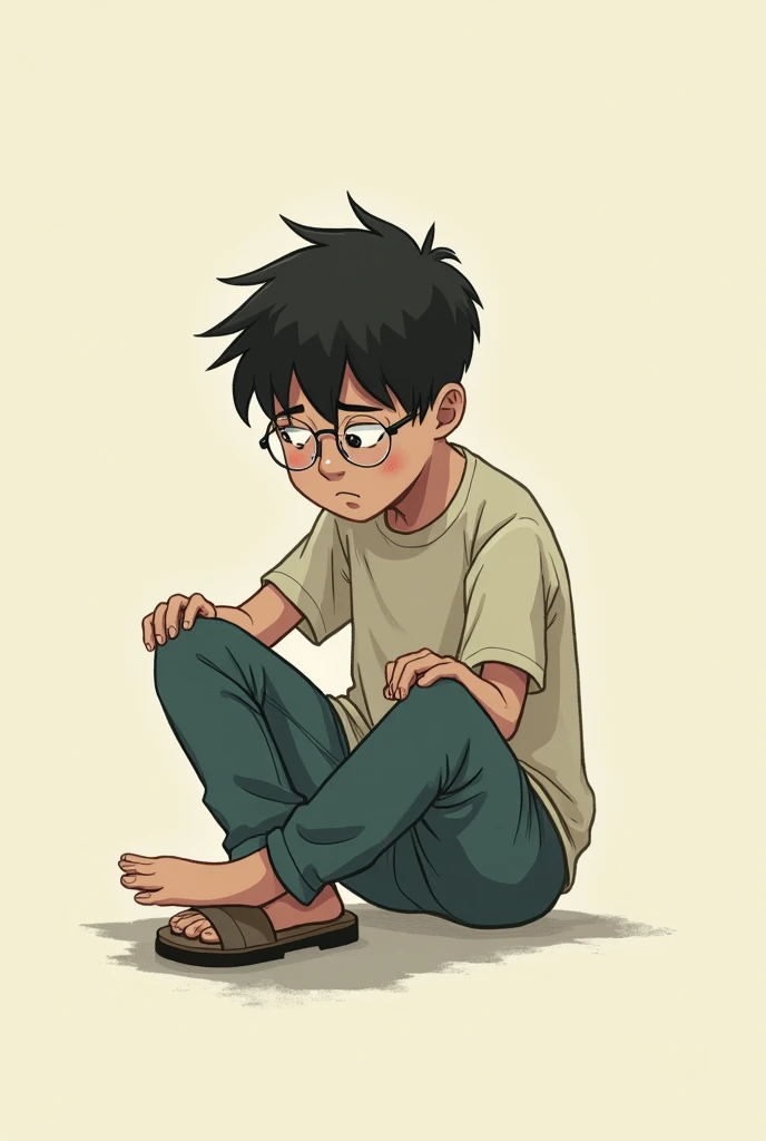 solo, male, black hair, green eyes, circular black glasses, messy hair, glasses held together by ducktape, sad expression, red shirt, sweat shirt, brown pants, baggy pants, tight black belt, dress pants, black shoes, sitting on a small bed, cob webs, arms crossed