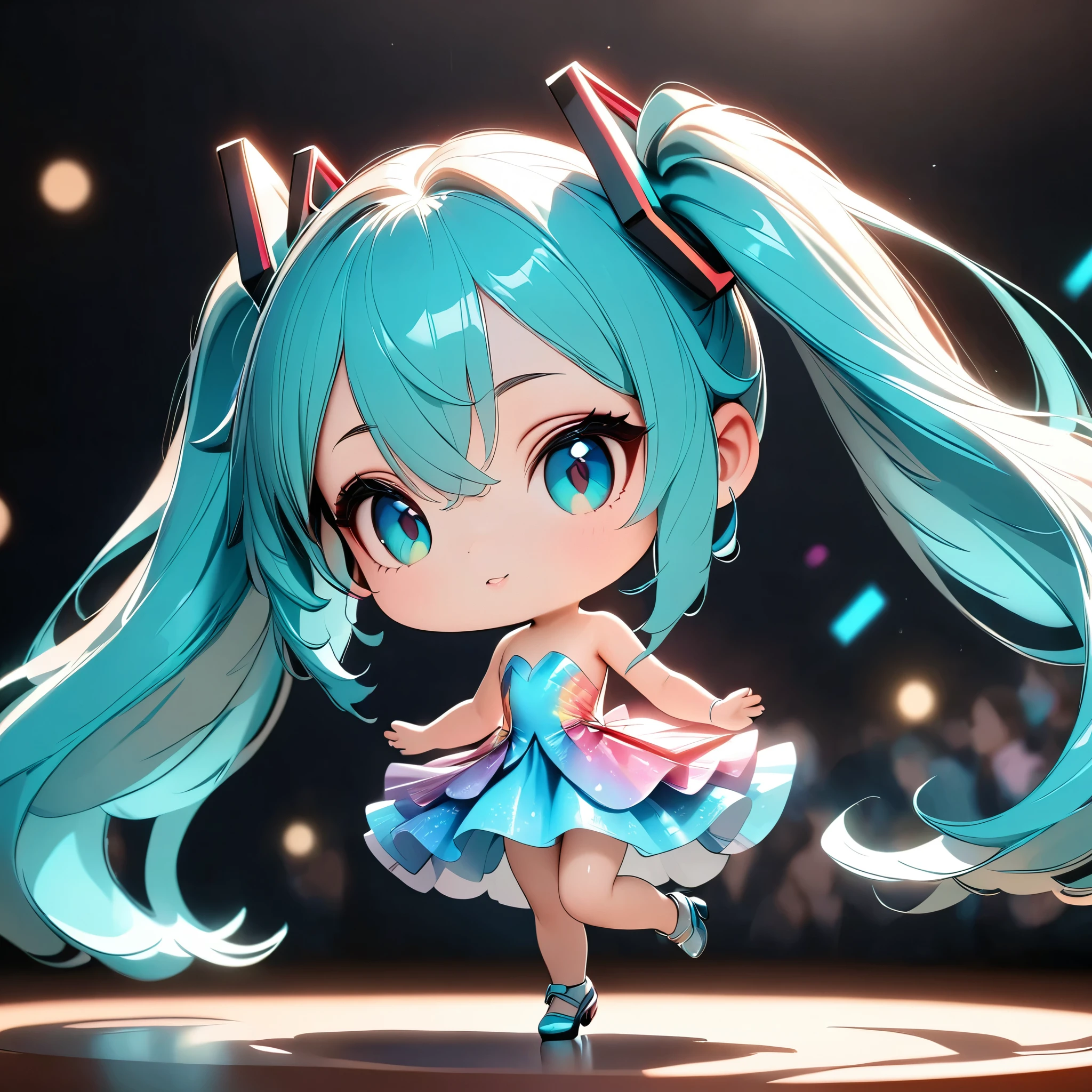 Chibi Character, Chibi cute, Deformation, Random Pause:1.4, ((Hatsune Miku, Aqua Eye, Aqua Hair, bangs, whole body, Hair between the eyes, Long Hair, Twin tails, very Long Hair)), Intricate details, Very detailed, 8k, Photorealistic, Delicate facial features, Close your eyes, Long eyelashes, Detailed lips, Porcelain Skin, Intricate neon dress, Shiny neon fabric, Soft lighting, Pastel colors, Dreamy, Whimsical, Magical realism.