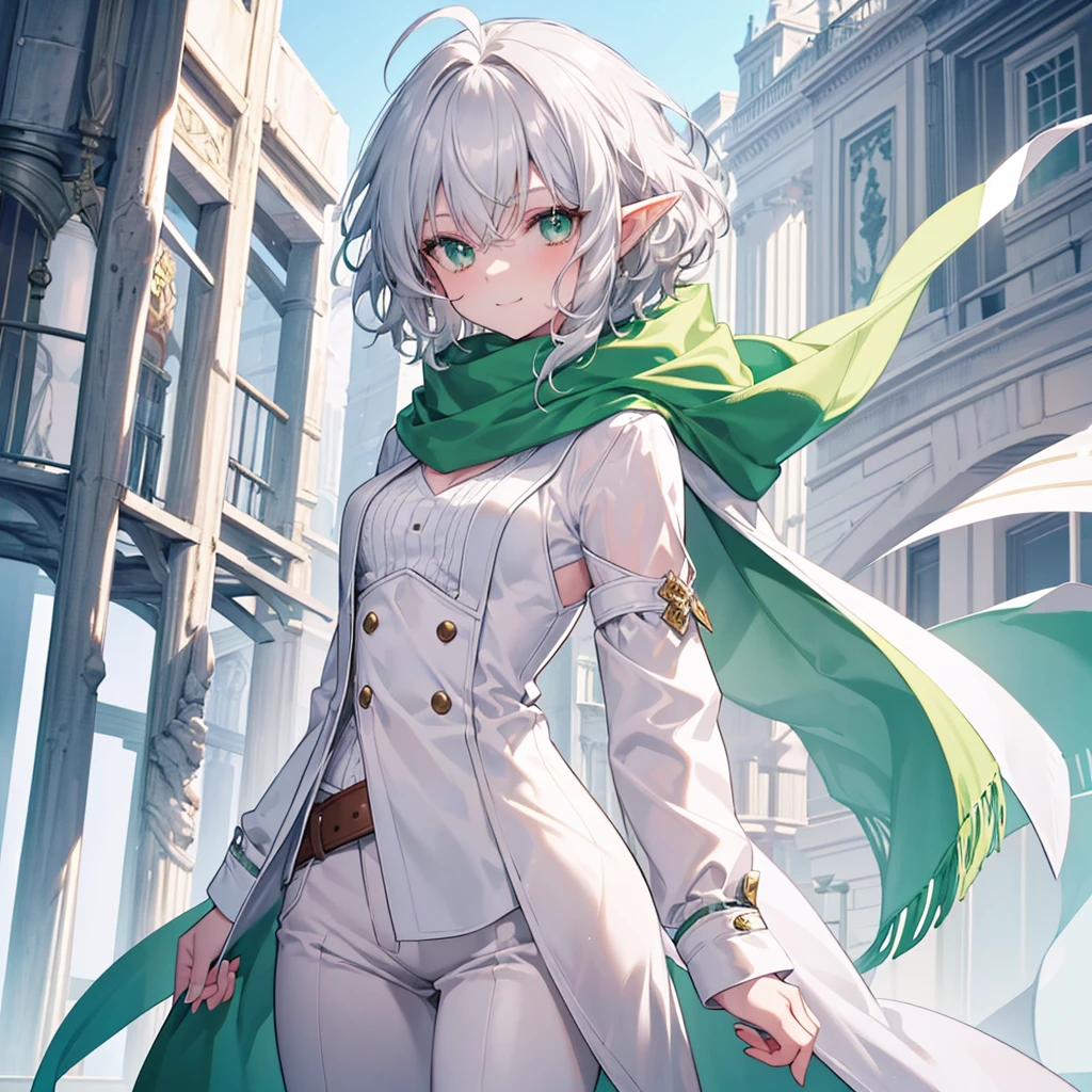 elf, female, silver hair,short hair, medium cut, ahoge, curly hair, green eyes,slender, (best quality, masterpiece, 16k, ultra detailed, beautiful skin, professional lighting)
A girl, small breasts, fair skin, cool mild Smile, shirt, white far coat, brown pants, green scarf,  annoyance, fantasy