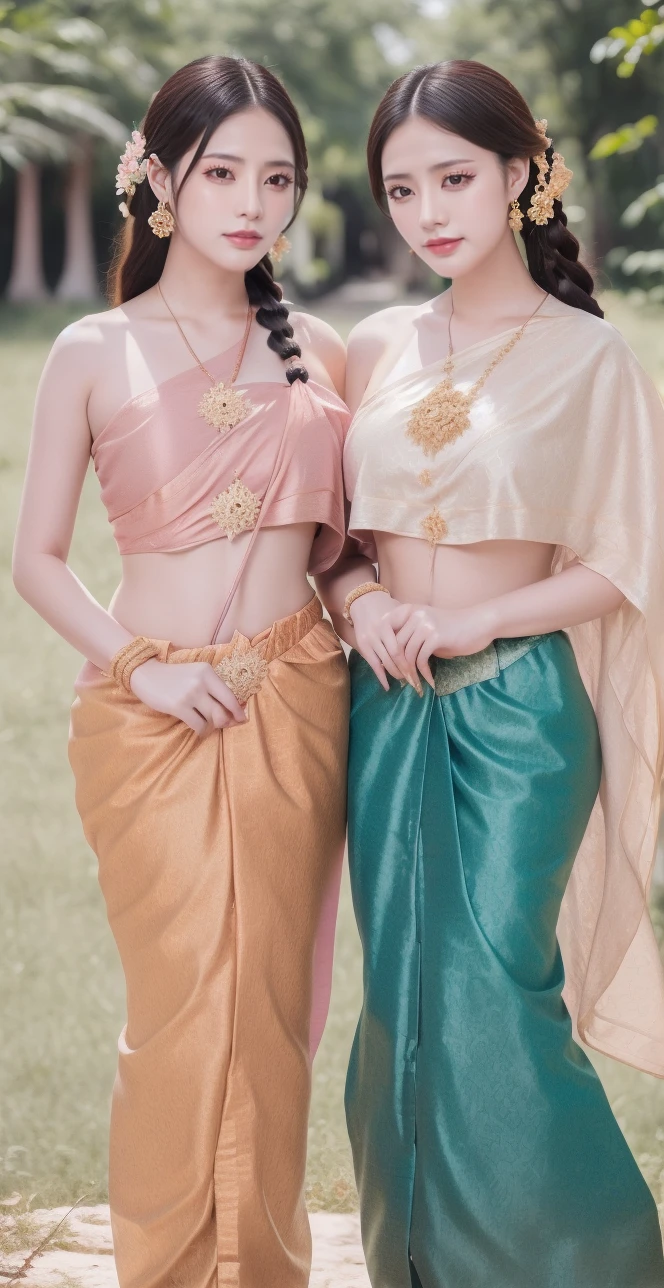 ((((Two young women ,Beautiful woman)))),Native girl，long, Blonde hair , Blue eyes , braid ,Purple Thai dress,กระโปรงไทยโบราณlong，Holding a jasmine garland,countryside，countryside，Beautiful scenery，Ancient sites of Ayutthaya，Smile with your teeth，forehead，forehead exposed，big ，break, ,(Two young women ,Beautiful woman),หน้าอกbig,Show your boobs,รอยbreakเห็นชัด......,((หัวนมbig))，(Pubic bone), break, Visible breasts,Seductive pose,I saw swollen nipples...,(((areolae ขนาดbig:1.4,pink,The nipples are clearly visible..........))),((dance,Thai dance)))