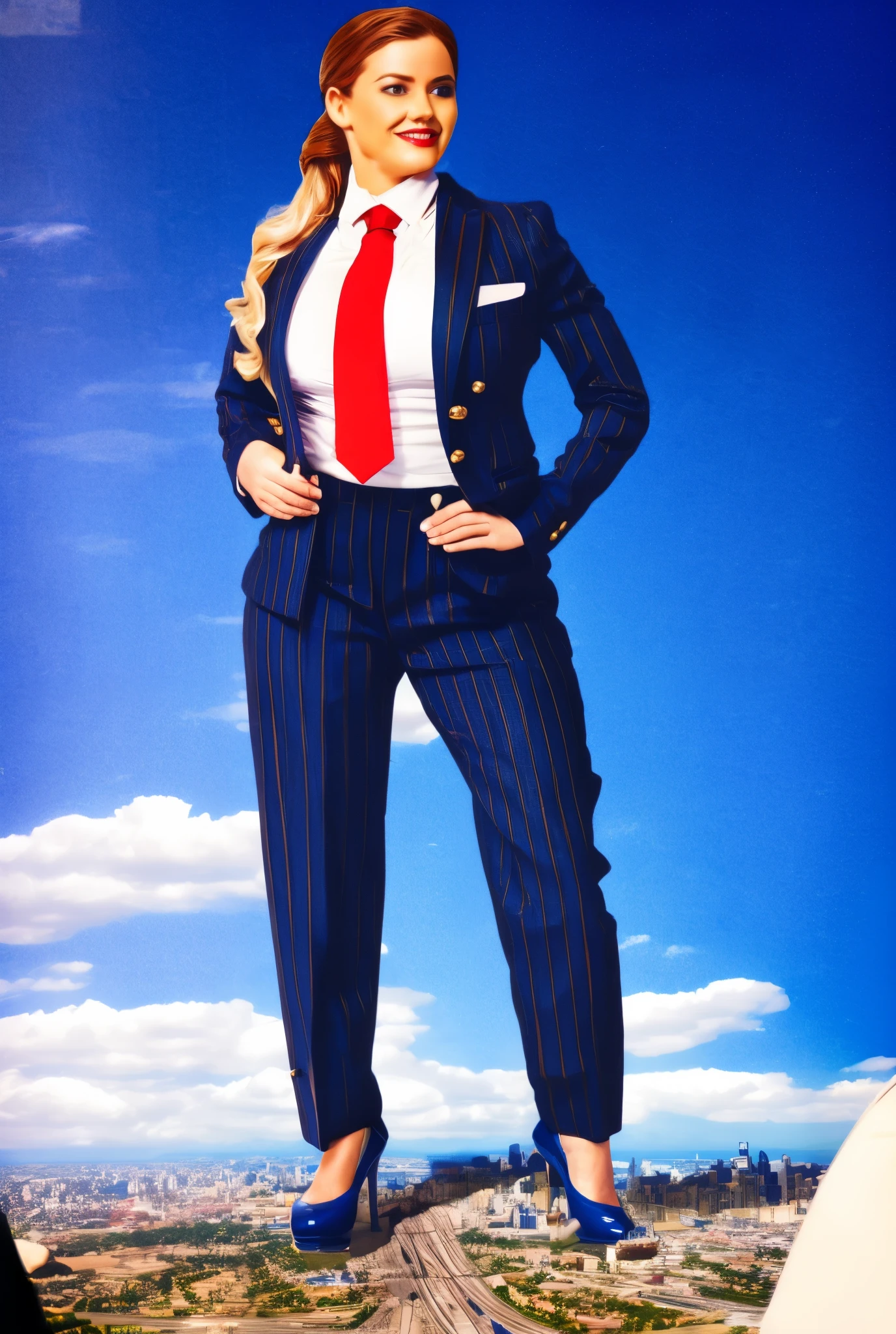 Giantess art, tera giantess in distance walking on countries, young women with beautiful curves, massive thighs, ginger hair, lipstick, wearing a perfect form-fitting loght grey pinstripe trouser suit and blazer, crisp white shirt with large spread collar, large blade width Windsor knot blue tie, with massive breasts. She is wearing platform high heels and standing on a miniature city, with skyscrapers at her feet, smiling with her huge breasts. This image is highly detailed, photorealistic, best quality, a masterpiece, with cinematic lighting, ultra-detailed, long ponytail hair with front bangs, high altitude photography, satellite view, a curvy figure, heaving bosom, legs, a stepping on mulitple mega city,, destruction, buildings, roads, a cloudy, overcast, hazy atmosphere, and wispy clouds. Pov