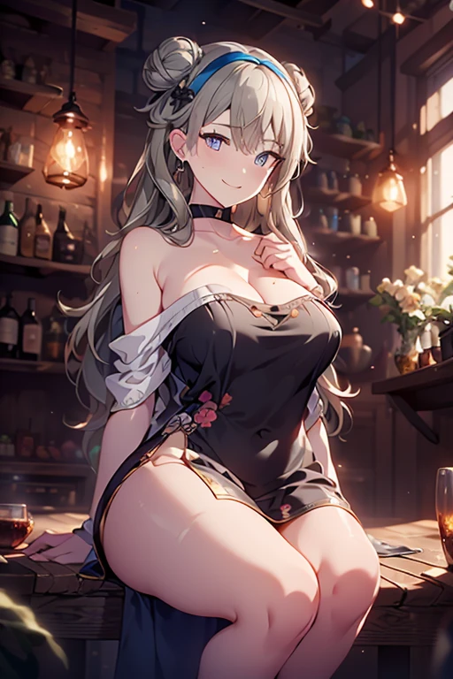 1girl, mature woman, red eyes, silver long hair, big breasts, medieval clothing with a cutout on the chest and crotch and areolas and vagina exposed, nude, nsfw, spread vagina, medieval bar, villagers, cheerful atmosphere in the bar, girl serving staff in the bar, ((nsfw))